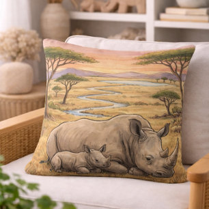 Coussin Rhino Maman et Veau Animaux de Safari