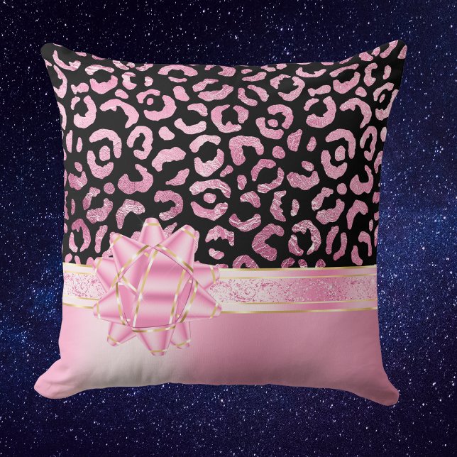 Coussin Ribbon de léopard noir rose et poitrine rose (Créateur téléchargé)