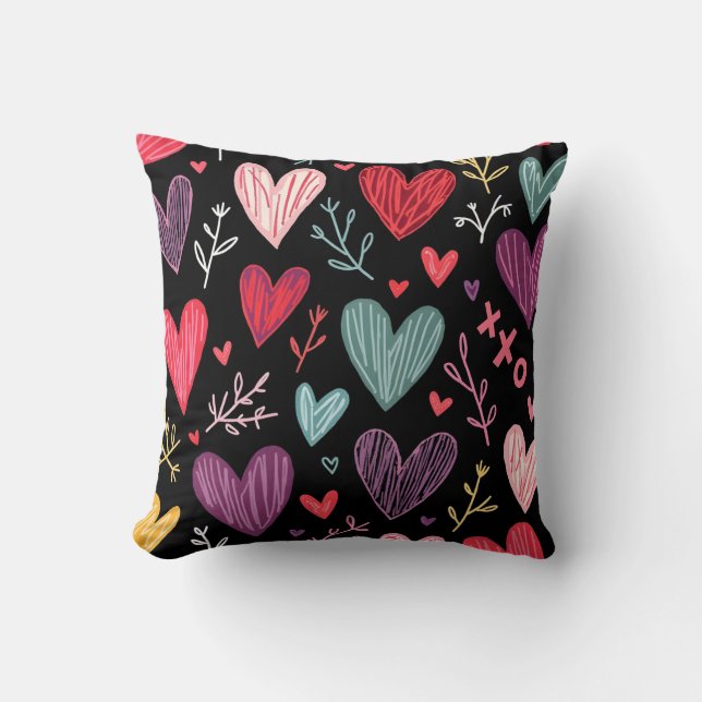 Coussin Rich Black Playful Hand-Drawn Hearts Throw Pillow (Recto)