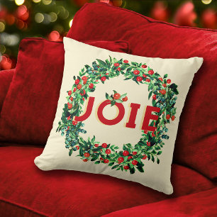 Coussin Rich Red Green Berry Wreath Joie Français
