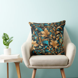 Coussin Riche, Vibrant, Or, Turquoise, Feuilles automnales