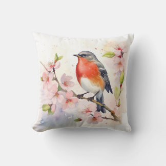 Coussin Robin d'aquarelle sur la branche de fleur de ceris