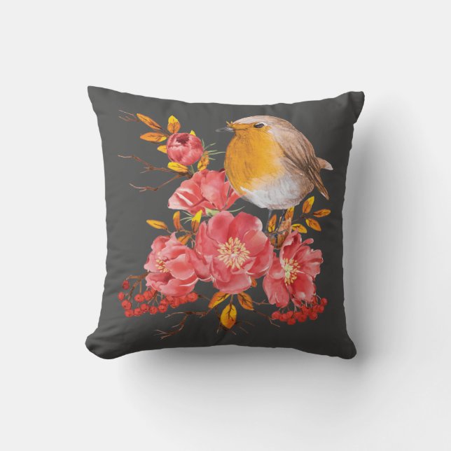 Coussin Robin jaune et pavot rouge (Recto)
