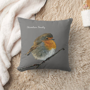 Coussin Robin oiseau famille monogramme nom gris lancer or
