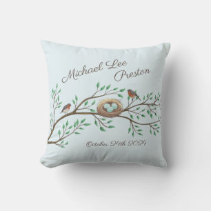 Coussin Robin Oiseaux Nid Oeufs Baby shower de printemps