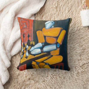 COUSSIN ROBOT RÉTRO JOUANT AUX ÉCHECS DÉCORATIF COLORÉ