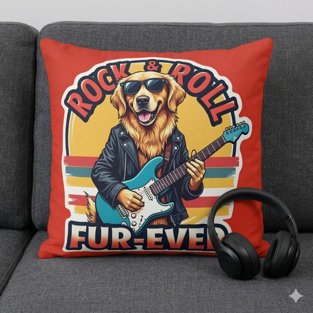 Coussin Rocher et rouler fourrure jamais Golden Retriever  (Rock and Roll Fur-Ever Golden Retriever Dog Throw Pillow On Sofa)