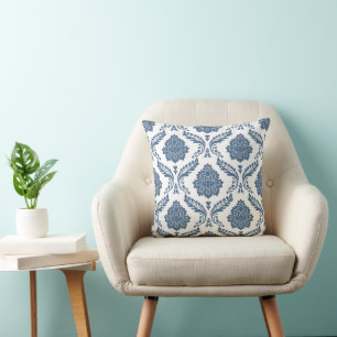 Coussin Rococo Damassé Grand Motif Bleu sur Blanc