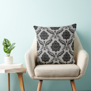 Coussin Rococo Damassé Grand Motif Noir sur Gris
