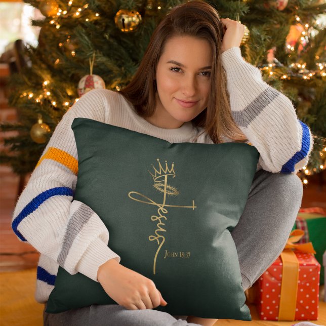 Coussin ROI JESUS Élégant Vert/Or Noël chrétien (Créateur téléchargé)