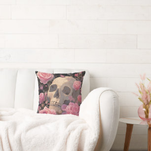 Coussin Romance gothique Halloween crâne floral
