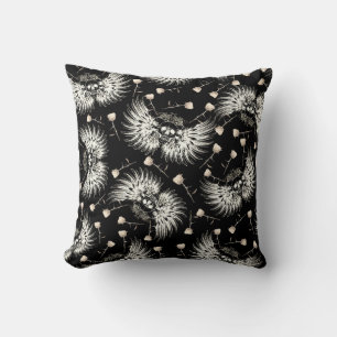 Coussin Romance gothique victorien crâne ailes et roses bl