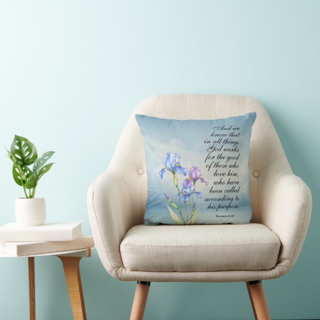 Coussin Romans 8:28 Iris Aquarelle (Chaise)