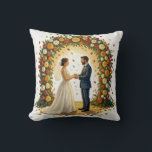 Coussin Romantic Wedding Arch Golden Roses Couple<br><div class="desc">Romantic oil painting of a joyful bride and groom standing hand in hand under a lush floral arch bursting with orange, yellow, white and red roses. Falling petals swirl around them in a dreamy golden light, creating a magical, swirling background inspired by Van Gogh. Bride in elegant white gown with...</div>