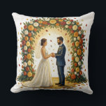 Coussin Romantic Wedding Arch Golden Roses Couple<br><div class="desc">Romantic oil painting of a joyful bride and groom standing hand in hand under a lush floral arch bursting with orange, yellow, white and red roses. Falling petals swirl around them in a dreamy golden light, creating a magical, swirling background inspired by Van Gogh. Bride in elegant white gown with...</div>