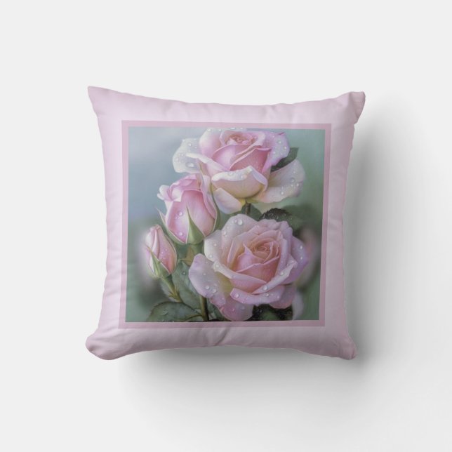 Coussin - romantique à fleurs, fleur rose, rose à  (Recto)