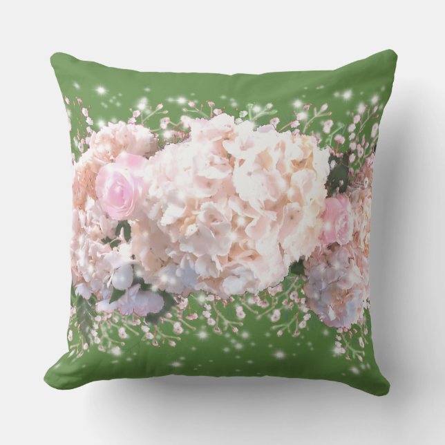Coussin Romantique dentelle blanche hydrangée roses roses (Recto)