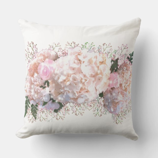Coussin Romantique dentelle blanche hydrangée roses roses (Recto)
