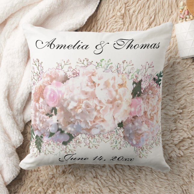Coussin Romantique dentelle blanche hydrangée roses roses (Couverture)