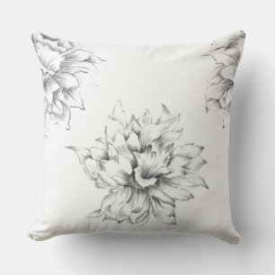Coussin Romantique moderne dessin à main floral noir blanc