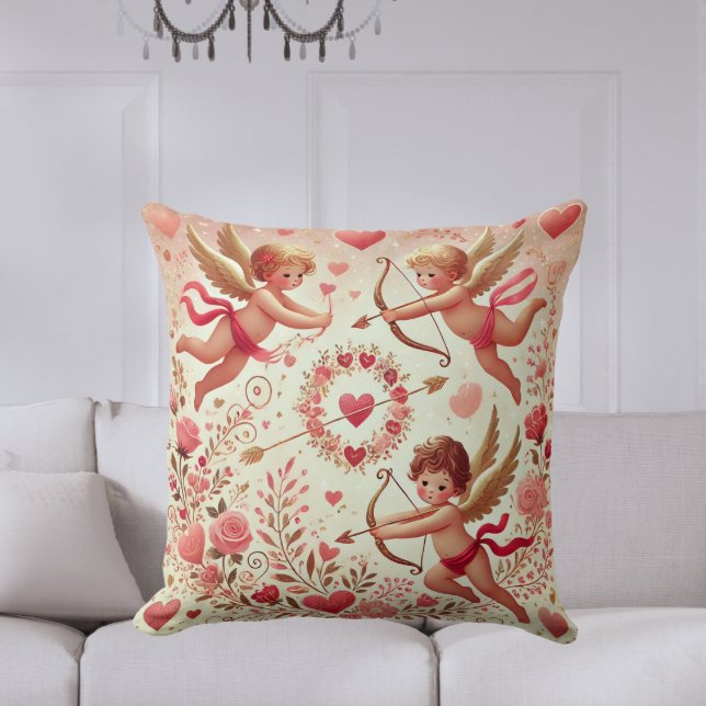 Coussin Romantique rose et or Cupid Saint-Valentin  (Elegant Pink and Gold Cupid Throw Pillow – Perfect for Valentine's Day and romantic decor.







)