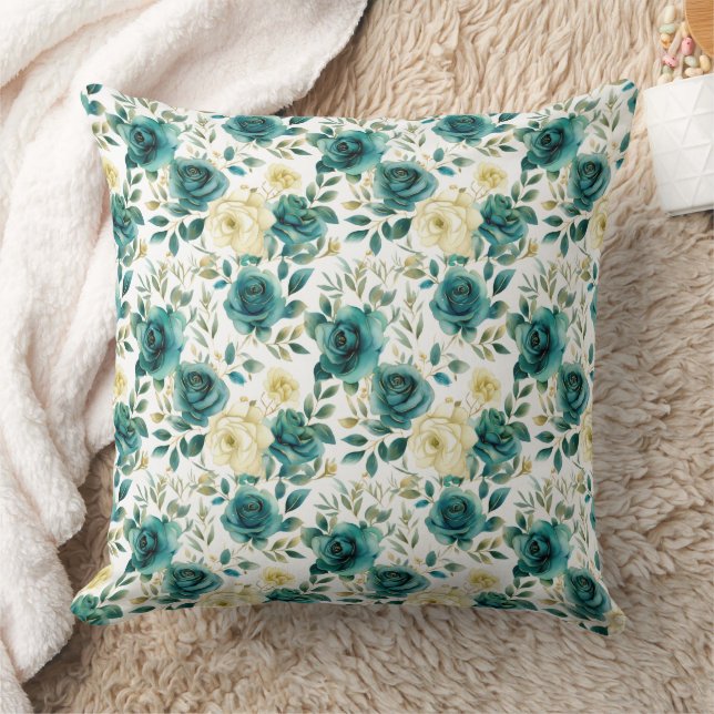 Coussin Romantique Turquoise Green Cream Rose Floral (Couverture)