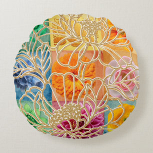 Coussin rond à mosaïque florale dorée