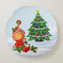 Coussin Rond Adorable Elfe de Noël