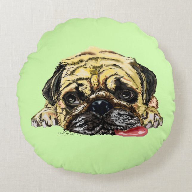 Coussin rond amusant avec chien Carlin - Vos coule (Devant)