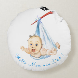 Coussin Rond Bébé Transporté par une Cigogne