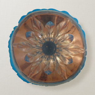 Coussin rond bleu fleur rosé