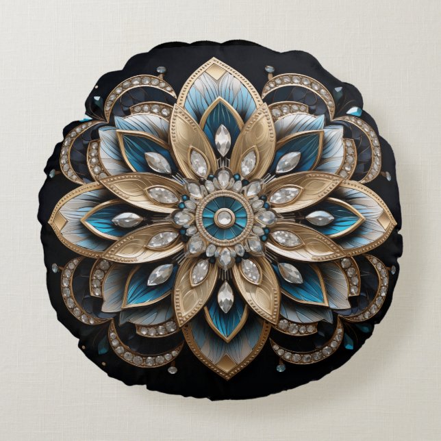 Coussin rond bleu, or et cristal Mandala (Devant)