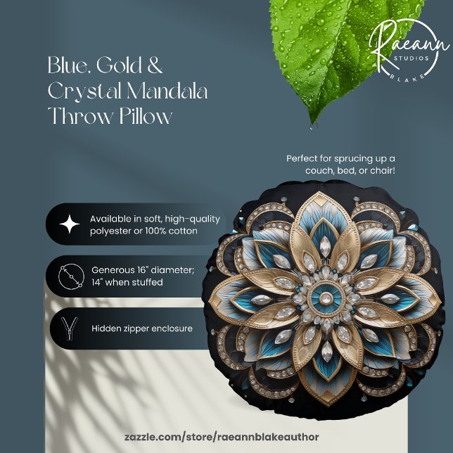 Coussin rond bleu, or et cristal Mandala (Créateur téléchargé)