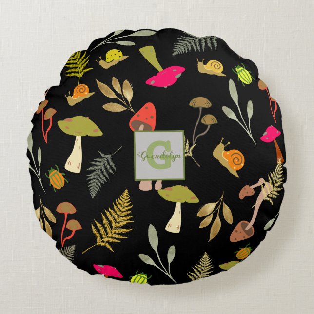 Coussin rond botanique de champignons noirs person (Devant)