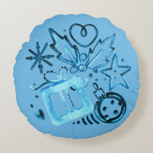 Coussin rond Cadeau & Houx de l'Hiver Bleu
