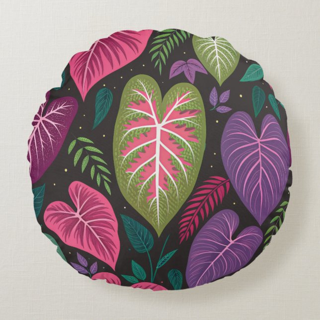 Coussin Rond Caladium Tropical – Violet & Vert Bo (Devant)