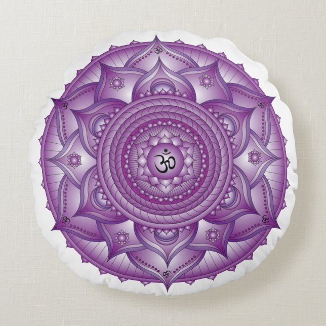 Coussin rond Crown Chakra Purple Mandala (Devant)