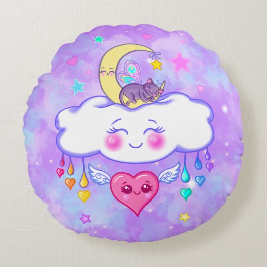 Coussin rond de coeur joyeux Kawaii (Devant)