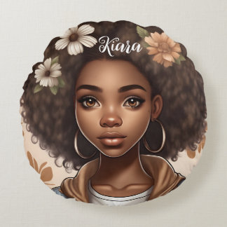 Coussin rond de fille noire personnalisée