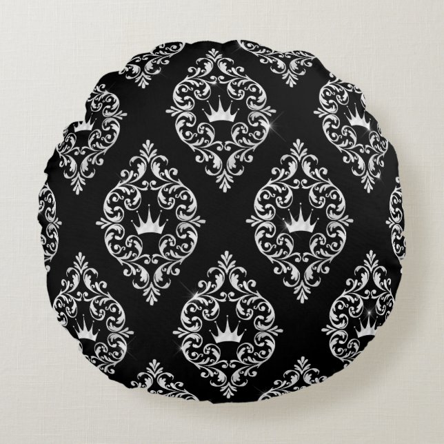 Coussin rond de la Couronne royale noir et blanc (Devant)