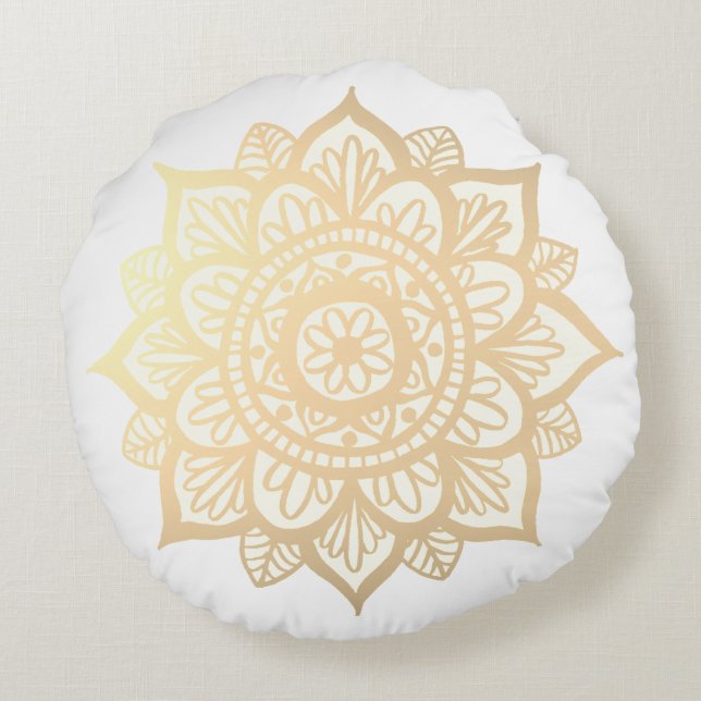 Coussin rond de Mandala à fleurs d'or (Dos)