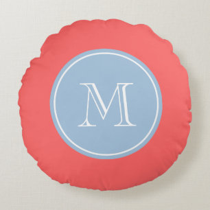 Coussin rond de monogramme personnalisé par bleu