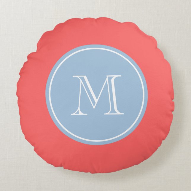 Coussin rond de monogramme personnalisé par bleu (Devant)