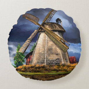 Coussin rond de moulin à vent Pays-Bas Landcape