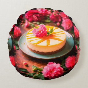 Coussin rond de pâtisserie floral artisanal.