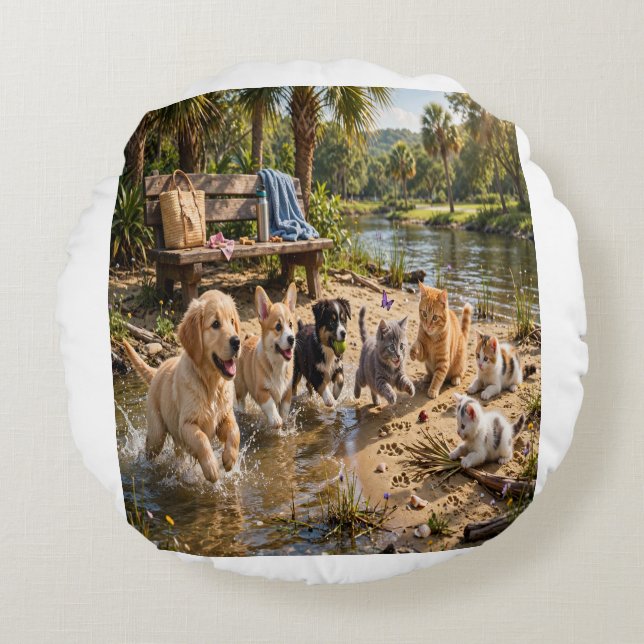 Coussin Rond de Rivière avec Chiots et Chatons Mig (Devant)