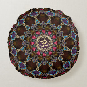 Coussin rond de yoga OM spirituel bohème vintage