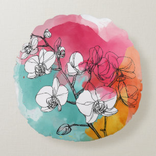 Coussin rond d'orchidée aquarelle