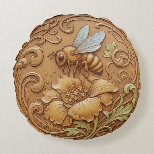 Coussin rond effet de sculpture sur bois - abeille (Devant)