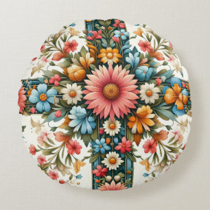 Coussin Rond en Art Populaire Floral - Bohème Colo